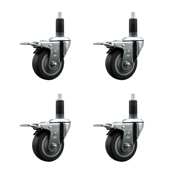 3.5'' SS Thermoplastic Rubber Swivel 1-1/8'' Expanding Stem Caster Set Total Lock Brake, 4PK